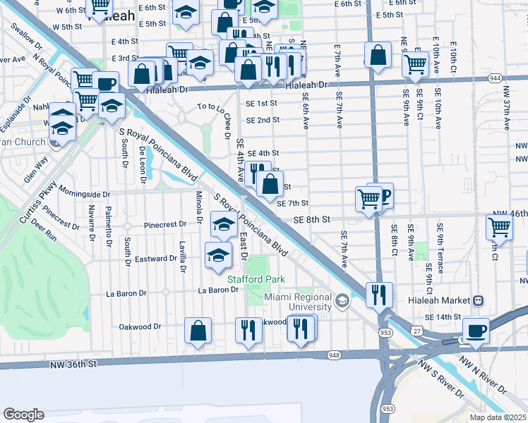 map of restaurants, bars, coffee shops, grocery stores, and more near East Okeechobee Road in Hialeah