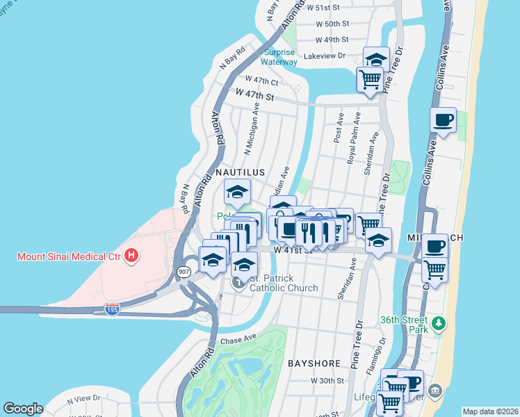 map of restaurants, bars, coffee shops, grocery stores, and more near 801 West 43rd Court in Miami Beach