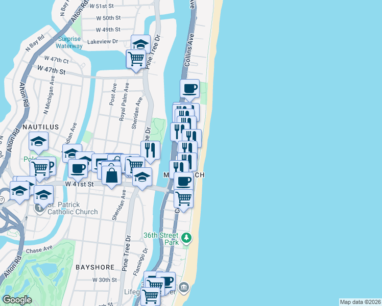 map of restaurants, bars, coffee shops, grocery stores, and more near 4370 Collins Avenue in Miami Beach