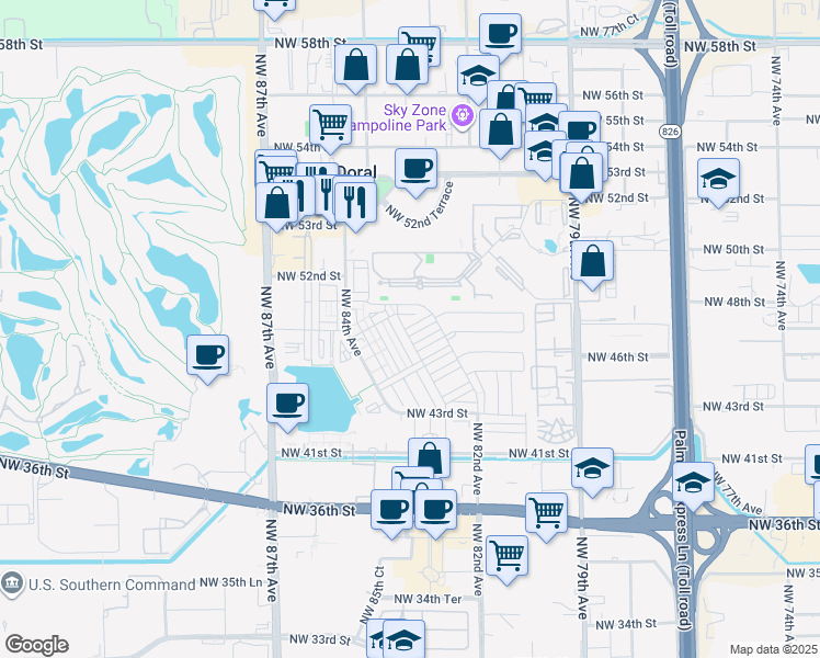 map of restaurants, bars, coffee shops, grocery stores, and more near 8278 Northwest 48th Terrace in Doral
