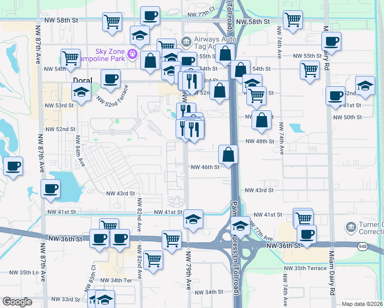 map of restaurants, bars, coffee shops, grocery stores, and more near in Doral