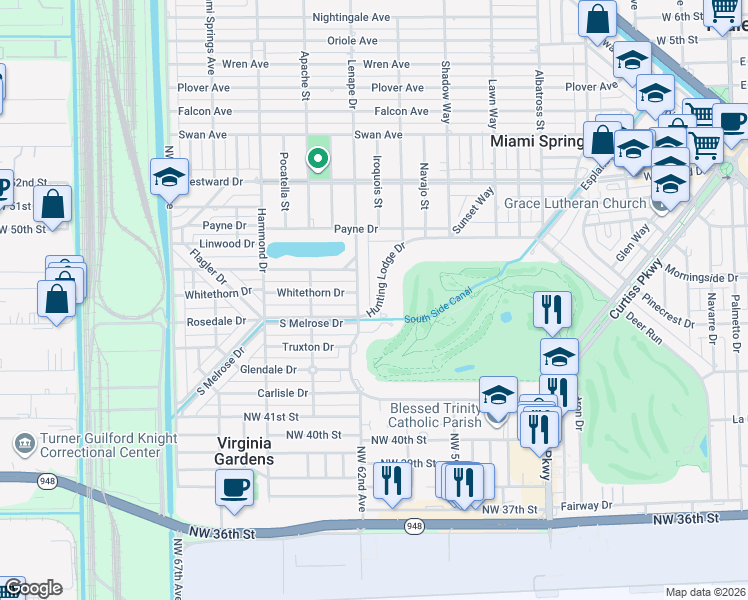 map of restaurants, bars, coffee shops, grocery stores, and more near 567 Hunting Lodge Drive in Miami Springs
