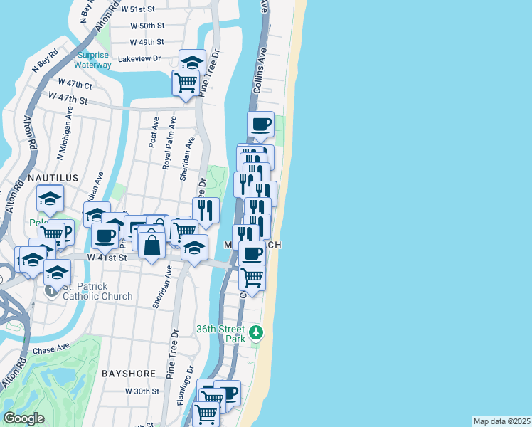 map of restaurants, bars, coffee shops, grocery stores, and more near 4370 Collins Avenue in Miami Beach