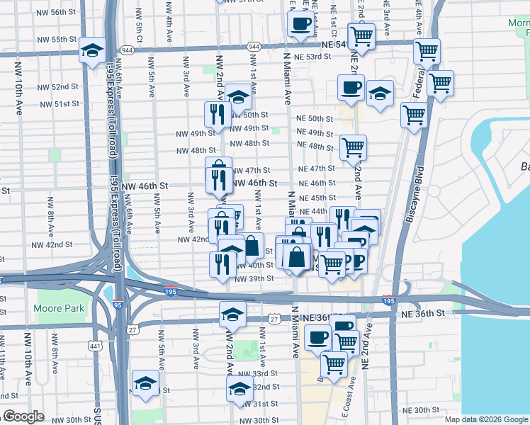 map of restaurants, bars, coffee shops, grocery stores, and more near in Miami