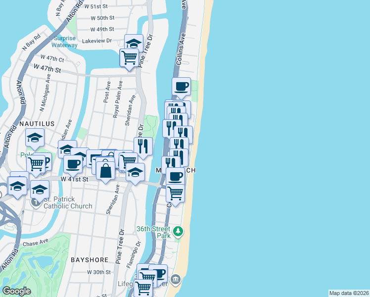 map of restaurants, bars, coffee shops, grocery stores, and more near 4391 Collins Avenue in Miami Beach
