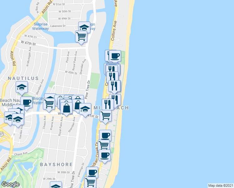 map of restaurants, bars, coffee shops, grocery stores, and more near 4370 Collins Avenue in Miami Beach