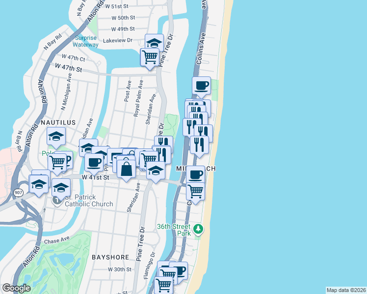 map of restaurants, bars, coffee shops, grocery stores, and more near in Miami Beach