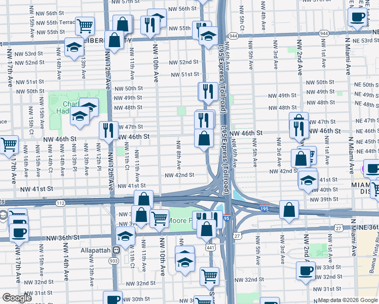 map of restaurants, bars, coffee shops, grocery stores, and more near 772 Northwest 45th Street in Miami