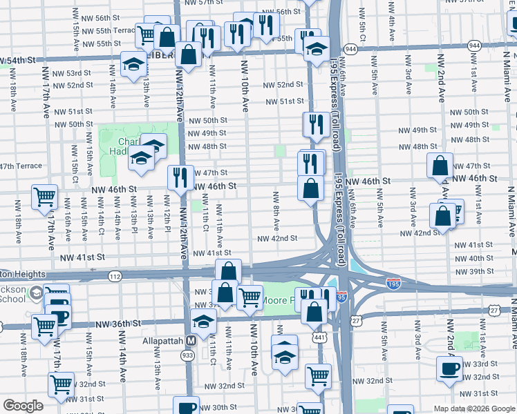 map of restaurants, bars, coffee shops, grocery stores, and more near 900 Northwest 45th Street in Miami