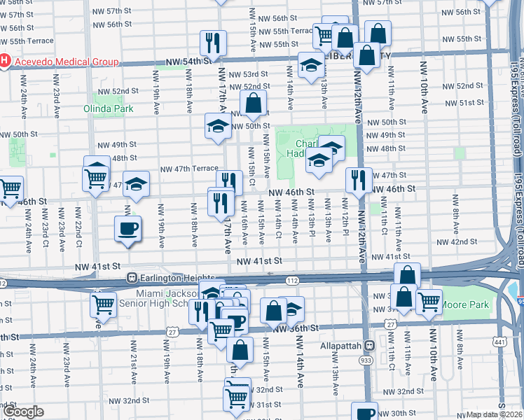 map of restaurants, bars, coffee shops, grocery stores, and more near 1471 Northwest 45th Street in Miami