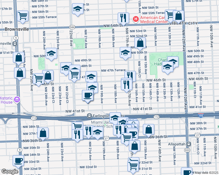 map of restaurants, bars, coffee shops, grocery stores, and more near 1865 Northwest 45th Street in Miami