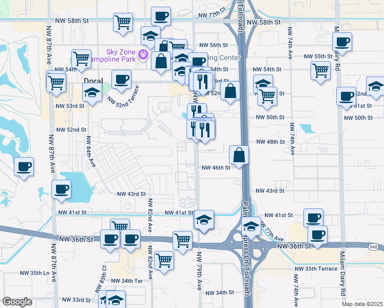 map of restaurants, bars, coffee shops, grocery stores, and more near 4620 Northwest 79th Avenue in Doral