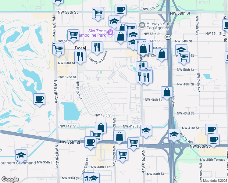 map of restaurants, bars, coffee shops, grocery stores, and more near 8144 Northwest 48th Terrace in Doral