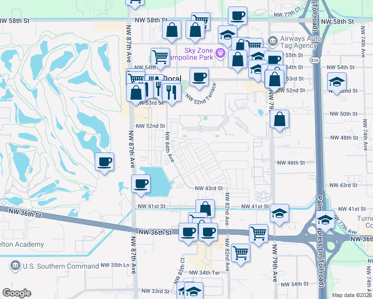 map of restaurants, bars, coffee shops, grocery stores, and more near 4834 Northwest 83rd Avenue in Doral