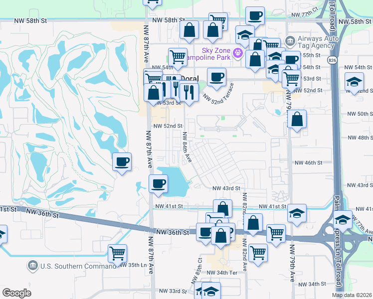 map of restaurants, bars, coffee shops, grocery stores, and more near 4946 Northwest 83rd Path in Doral