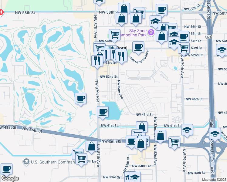 map of restaurants, bars, coffee shops, grocery stores, and more near 8461 Northwest 47th Terrace in Doral