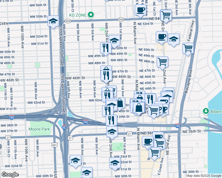 map of restaurants, bars, coffee shops, grocery stores, and more near 180 Northwest 45th Street in Miami