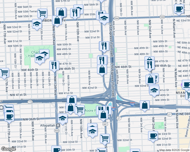 map of restaurants, bars, coffee shops, grocery stores, and more near 772 Northwest 45th Street in Miami