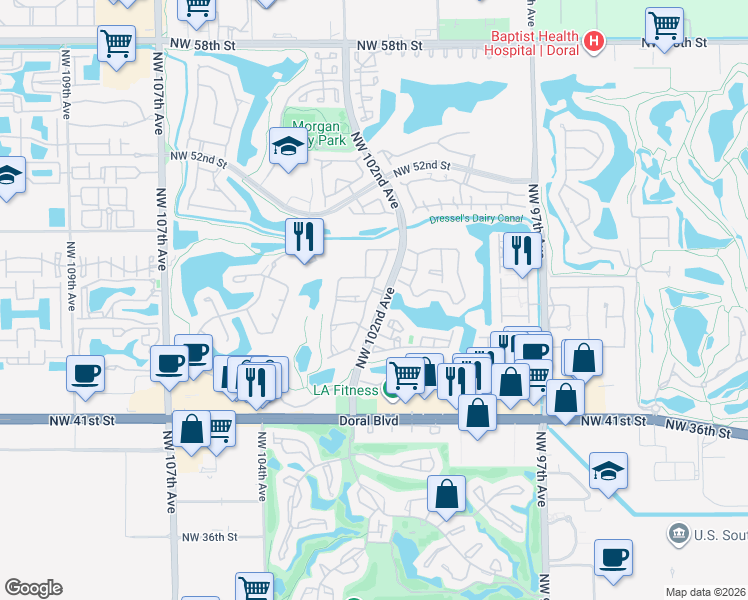 map of restaurants, bars, coffee shops, grocery stores, and more near 4710 Northwest 102nd Avenue in Doral