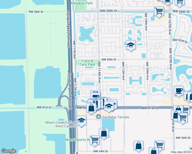 map of restaurants, bars, coffee shops, grocery stores, and more near 4701 Northwest 114th Avenue in Doral