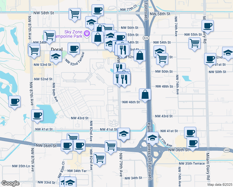 map of restaurants, bars, coffee shops, grocery stores, and more near 4620 Northwest 79th Avenue in Doral