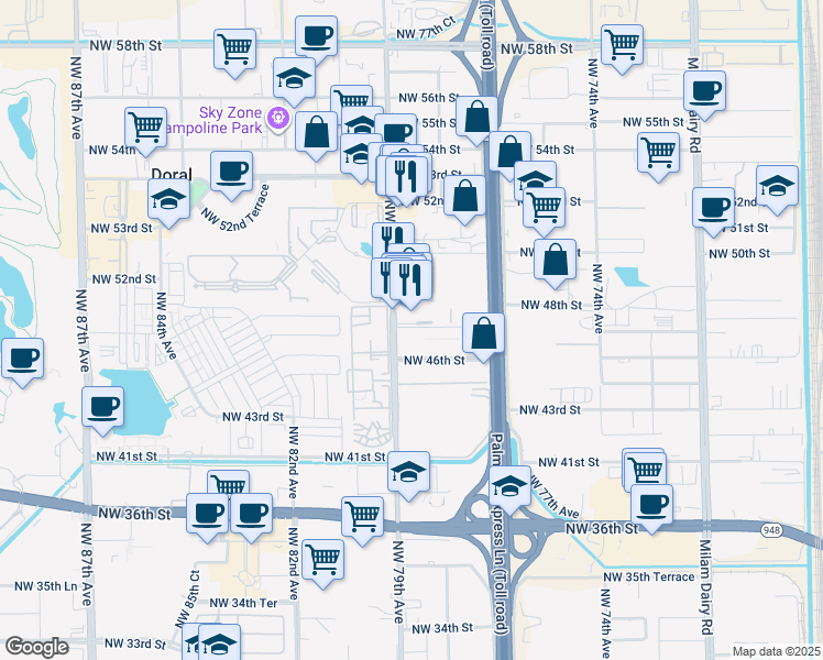 map of restaurants, bars, coffee shops, grocery stores, and more near in Doral