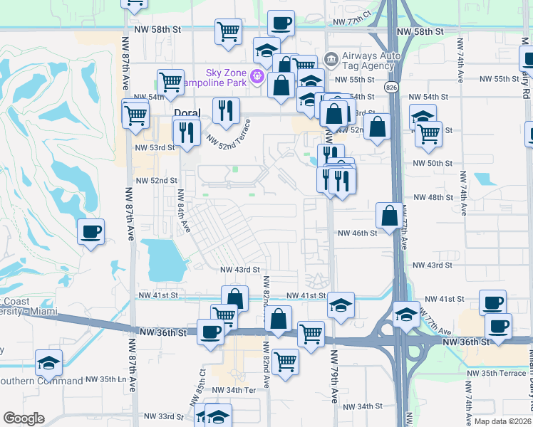 map of restaurants, bars, coffee shops, grocery stores, and more near 8144 Northwest 48th Terrace in Doral