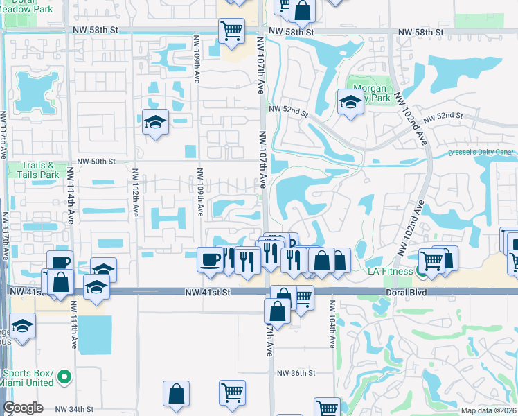 map of restaurants, bars, coffee shops, grocery stores, and more near 4700 Northwest 107th Avenue in Miami