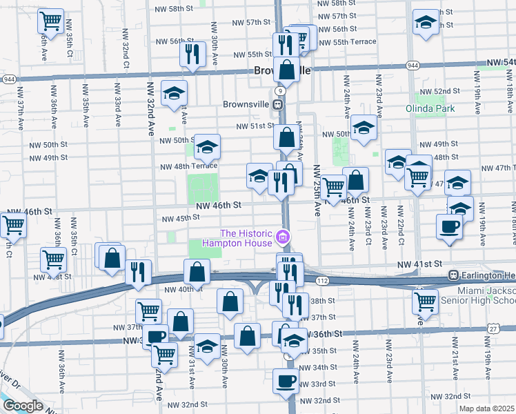 map of restaurants, bars, coffee shops, grocery stores, and more near in Brownsville