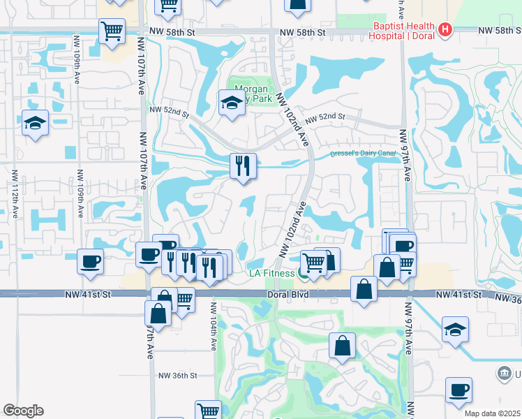 map of restaurants, bars, coffee shops, grocery stores, and more near 4630 Northwest 102nd Avenue in Doral