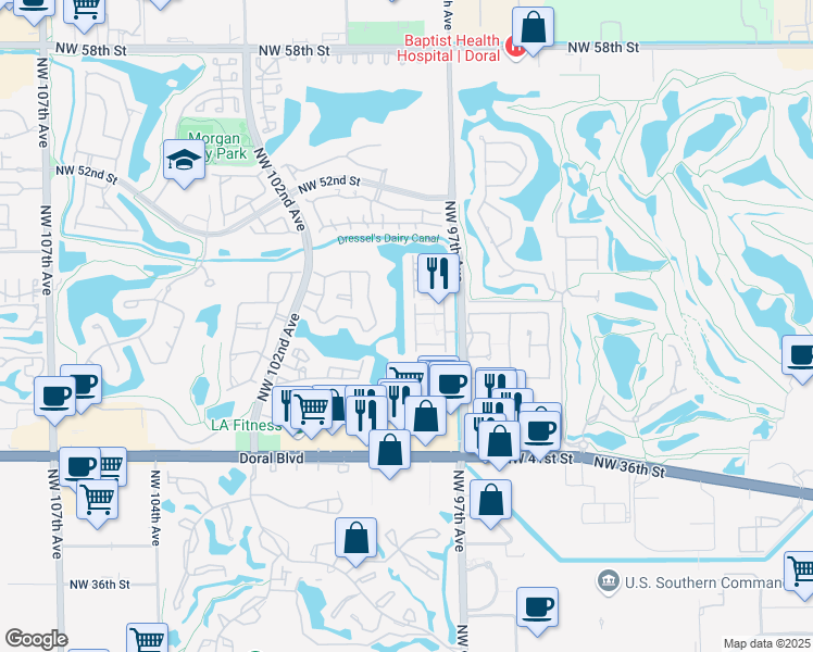 map of restaurants, bars, coffee shops, grocery stores, and more near 9764 Northwest 47th Terrace in Doral