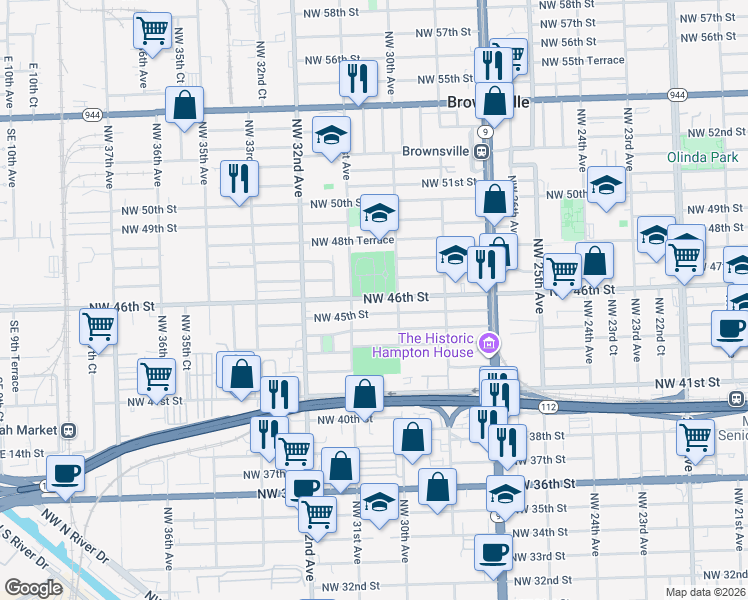 map of restaurants, bars, coffee shops, grocery stores, and more near 3050 Northwest 46th Street in Miami