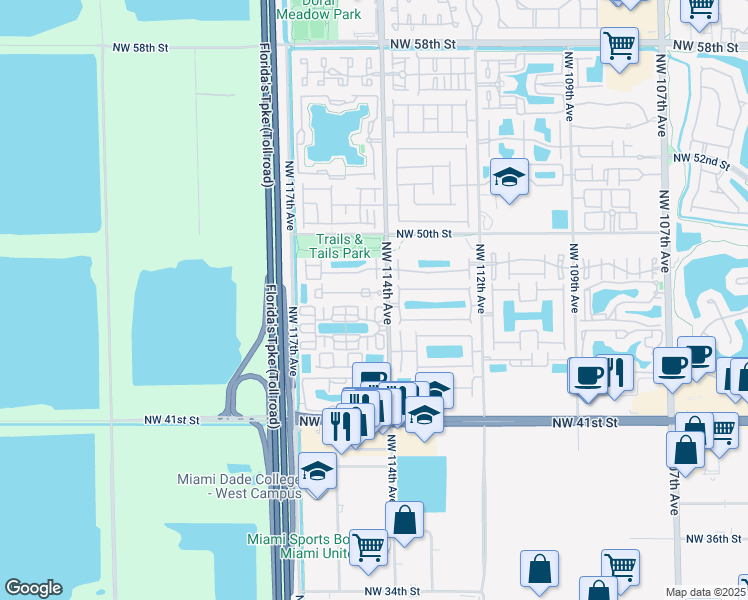 map of restaurants, bars, coffee shops, grocery stores, and more near 4701 Northwest 114th Avenue in Doral