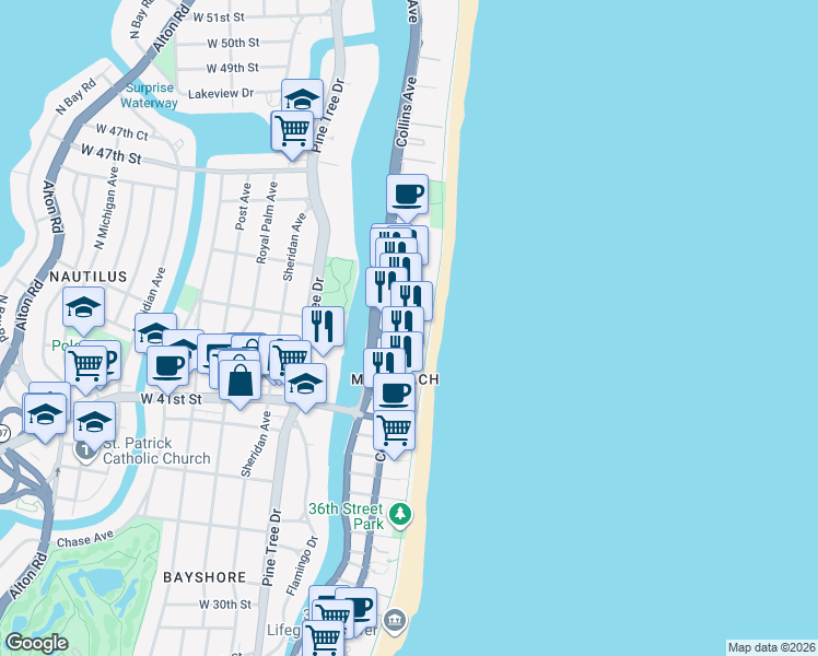map of restaurants, bars, coffee shops, grocery stores, and more near 4370 Collins Avenue in Miami Beach
