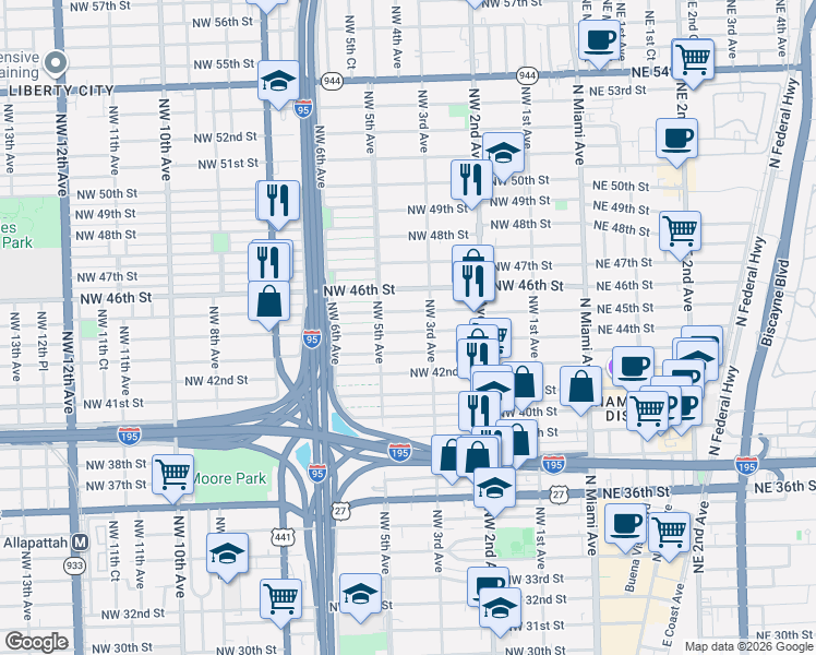 map of restaurants, bars, coffee shops, grocery stores, and more near 4412 Northwest 3rd Avenue in Miami