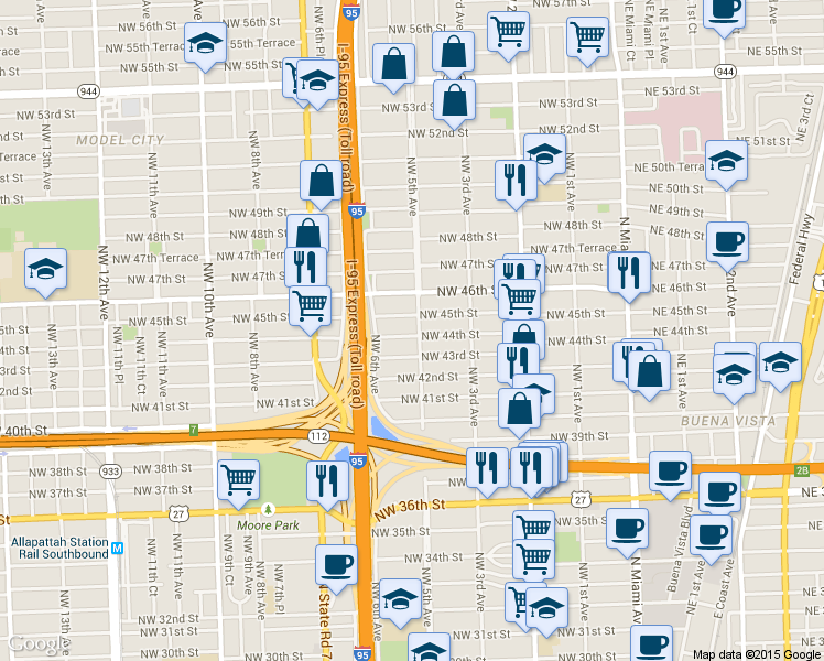 map of restaurants, bars, coffee shops, grocery stores, and more near 432 Northwest 45th Street in Miami