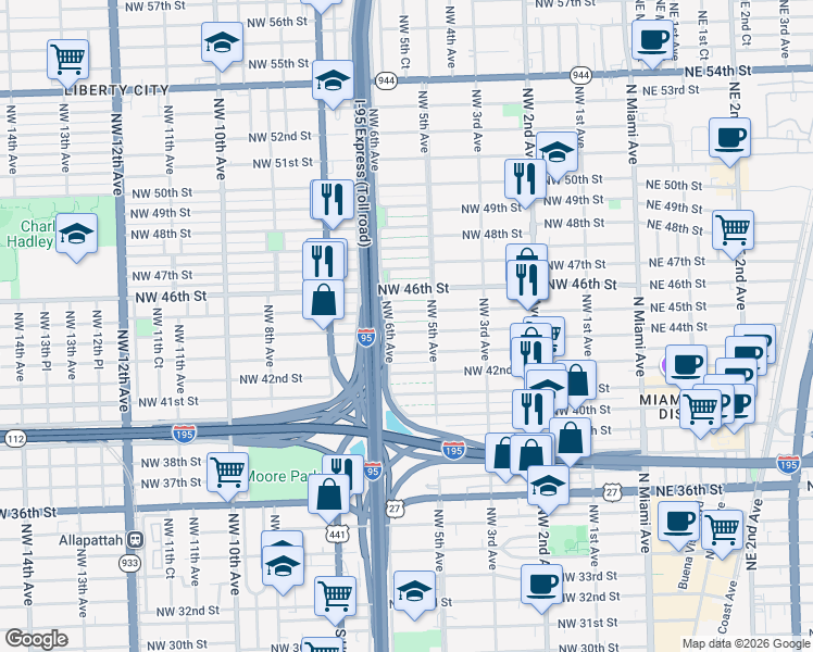 map of restaurants, bars, coffee shops, grocery stores, and more near 560 Northwest 45th Street in Miami