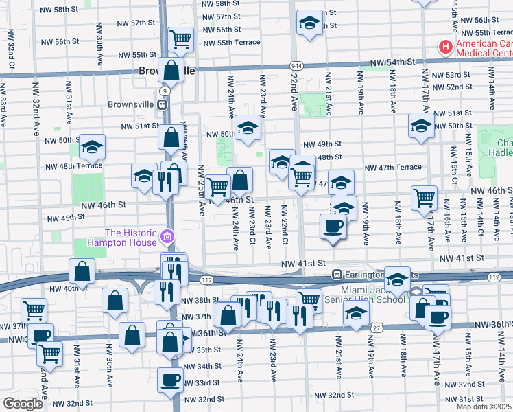 map of restaurants, bars, coffee shops, grocery stores, and more near 4590 Northwest 23rd Court in Miami