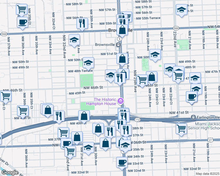 map of restaurants, bars, coffee shops, grocery stores, and more near in Brownsville