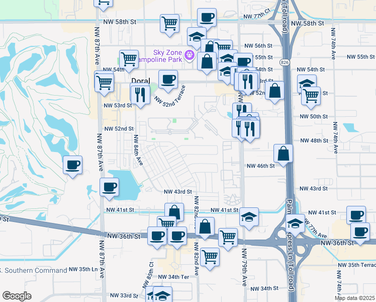 map of restaurants, bars, coffee shops, grocery stores, and more near 8144 Northwest 48th Terrace in Doral