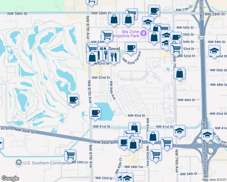 map of restaurants, bars, coffee shops, grocery stores, and more near 4946 Northwest 83rd Path in Doral