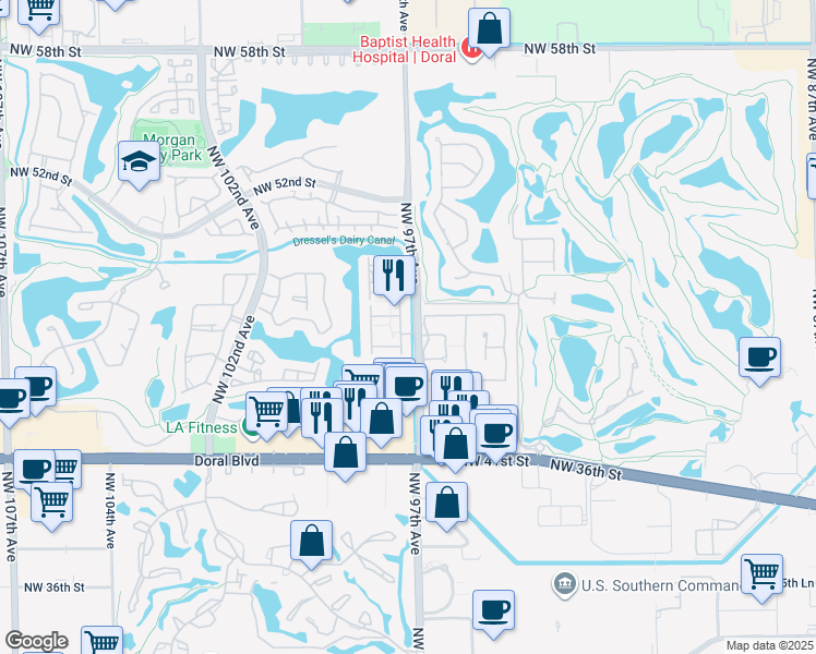 map of restaurants, bars, coffee shops, grocery stores, and more near 4667 Northwest 97th Court in Doral