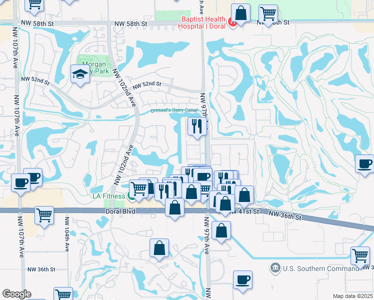 map of restaurants, bars, coffee shops, grocery stores, and more near 9764 Northwest 47th Terrace in Doral