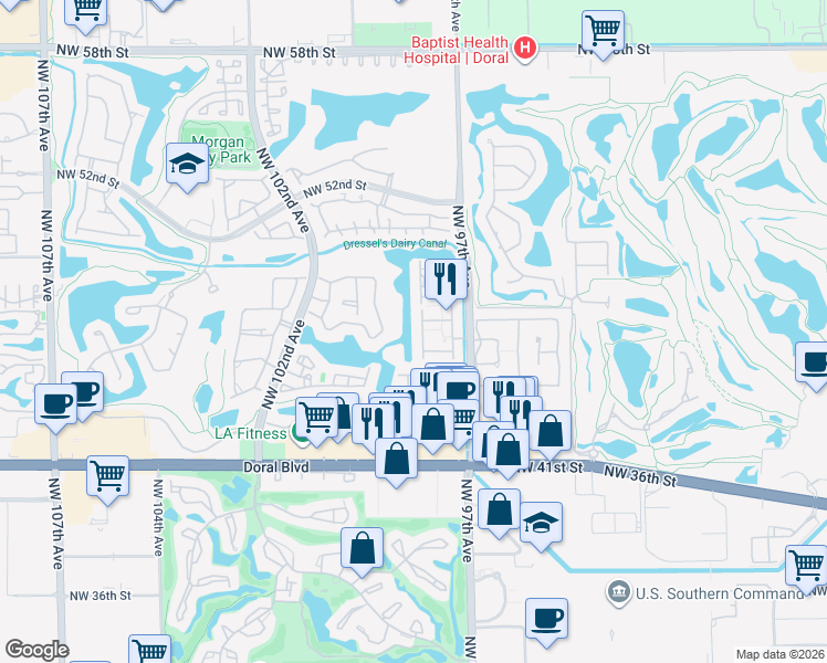 map of restaurants, bars, coffee shops, grocery stores, and more near 9764 Northwest 47th Terrace in Doral