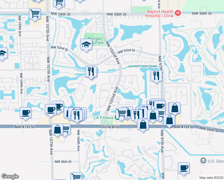 map of restaurants, bars, coffee shops, grocery stores, and more near 4710 Northwest 102nd Avenue in Doral