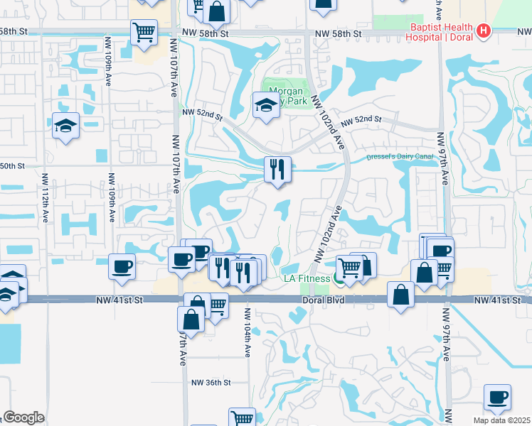 map of restaurants, bars, coffee shops, grocery stores, and more near 4775 Northwest 103rd Court in Doral