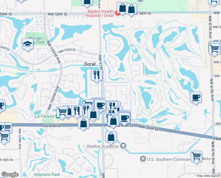 map of restaurants, bars, coffee shops, grocery stores, and more near 9611 Northwest 46th Lane in Doral