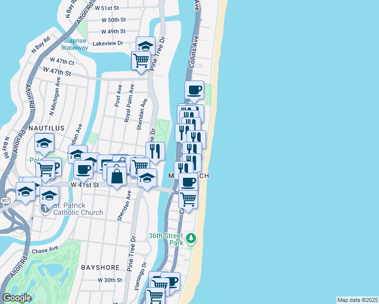 map of restaurants, bars, coffee shops, grocery stores, and more near 4370 Collins Avenue in Miami Beach