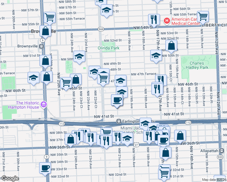 map of restaurants, bars, coffee shops, grocery stores, and more near 4580 Northwest 21st Avenue in Miami