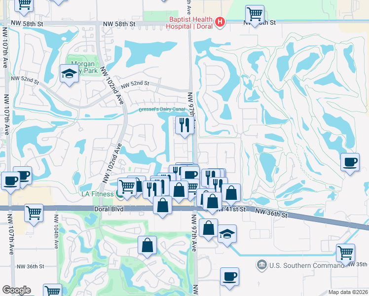 map of restaurants, bars, coffee shops, grocery stores, and more near 9764 Northwest 47th Terrace in Doral